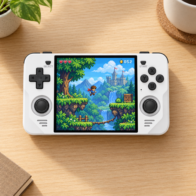 Editorial illustration of a white RGB30 on a desk with original forest-platform screen art