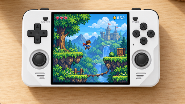 Editorial illustration of a white RGB30 on a desk with original forest-platform screen art