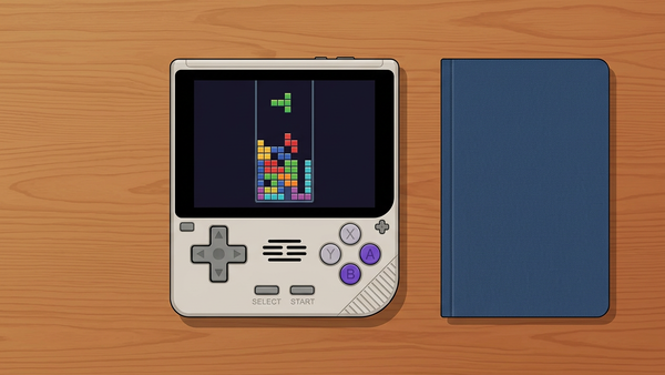 V10 desk illustration with an original colorful block-stacking screen and closed notebook