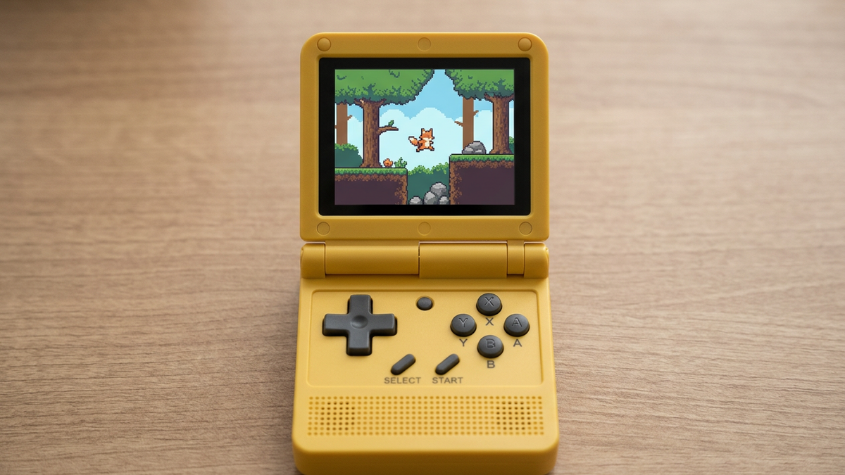 Editorial concept of a yellow V90 open on a desk with an invented pixel-art woodland scene.