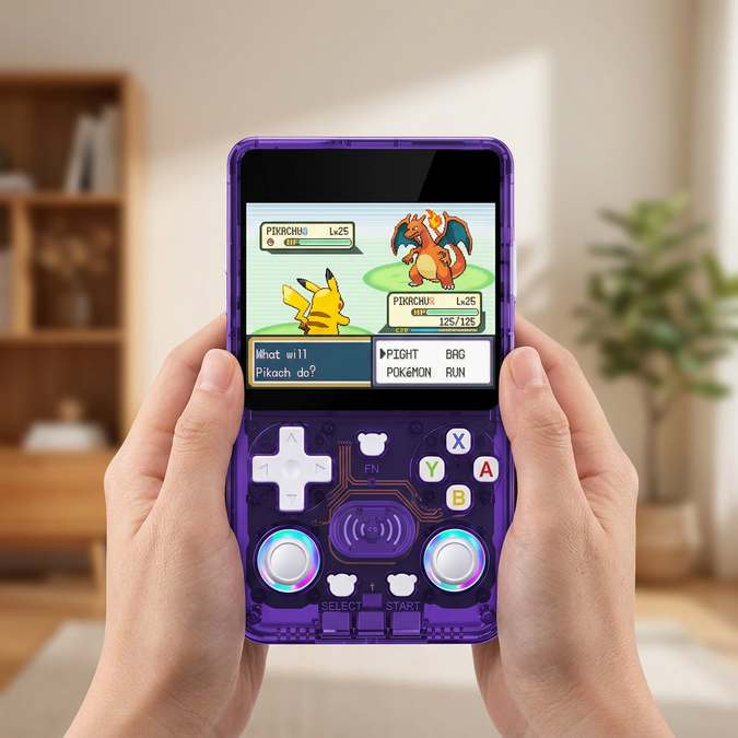 Hands holding the purple X36 Ultra handheld showing a Pokemon battle scene, styled product artwork