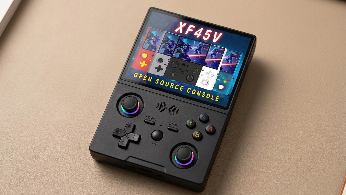 Black XF45V on a neutral desk with its model montage on screen, editorial illustration