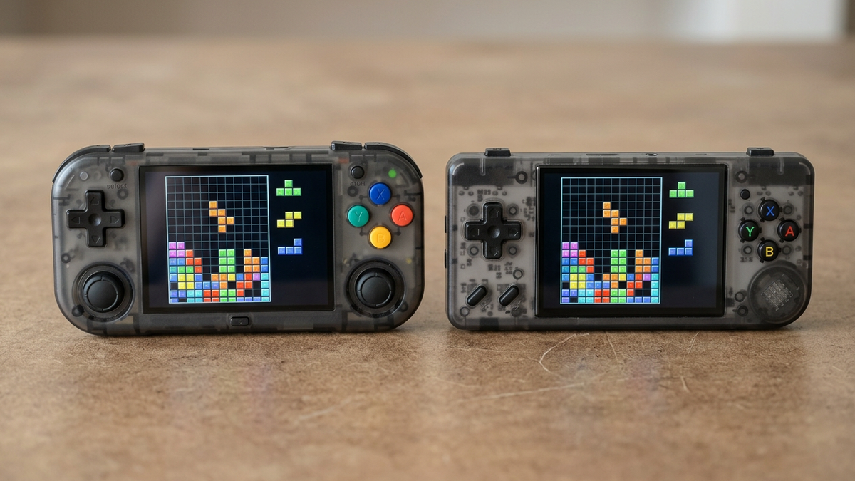 Editorial concept: Crystal Black XU Mini M and RG28XX with original block-puzzle screen artwork.