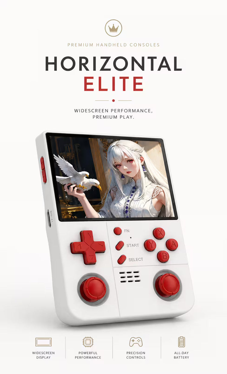 Horizontal Elite series banner featuring the R40XX Pro Max handheld game console in a premium white-background Shopify collection design for retro handheld gaming.