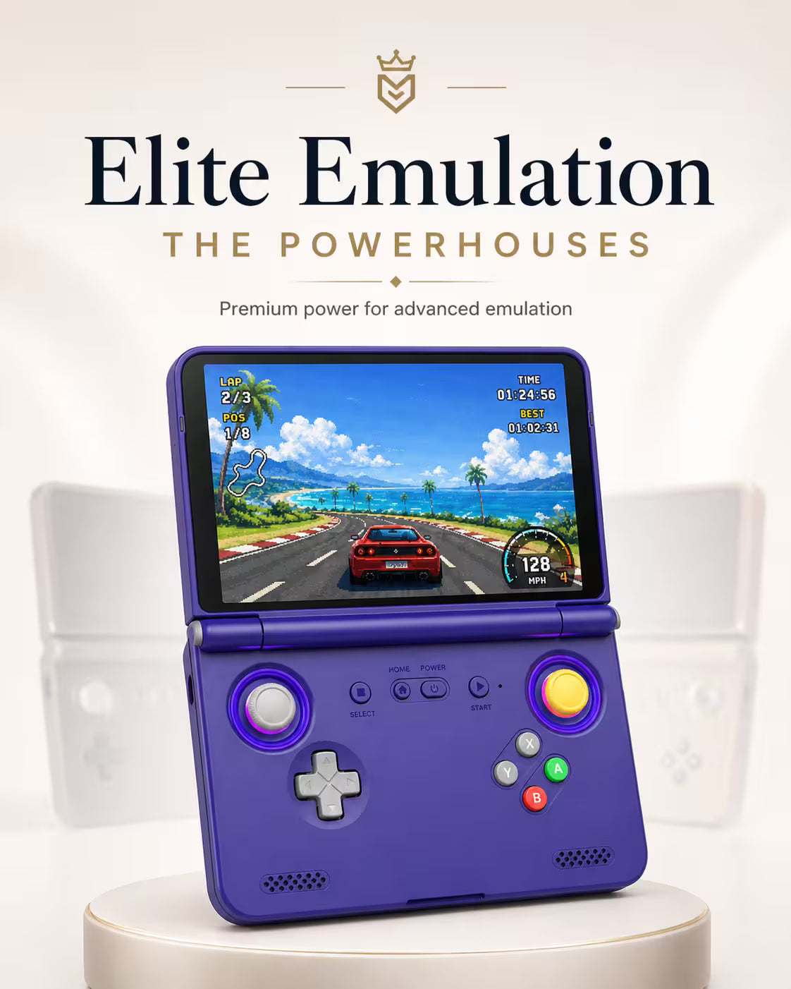 Elite Emulation (The Powerhouses) collection image featuring the Retroid Pocket Flip2 handheld console in a premium vertical layout on a clean white background for a high-end retro gaming storefront.