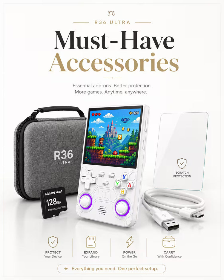 Must-Have Accessories collection image featuring the R36 Ultra handheld game console in a premium vertical Shopify banner design, crafted for retro handheld gaming accessories on a clean white background.