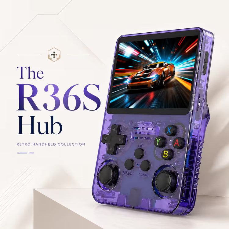 iGameConsole The R36S Hub transparent purple retro handheld game console collection hero image with a racing game display, dual joysticks, D-pad, ABXY buttons, and premium white studio background.