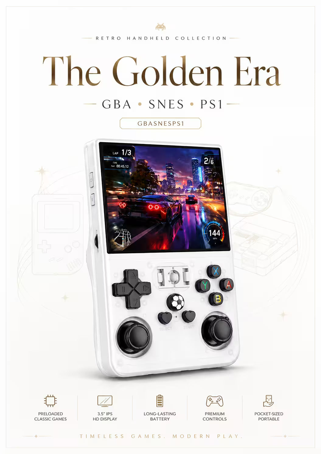The Golden Era GBA SNES PS1 collection image featuring the R36PRO handheld game console in a premium white-background layout for retro gaming fans