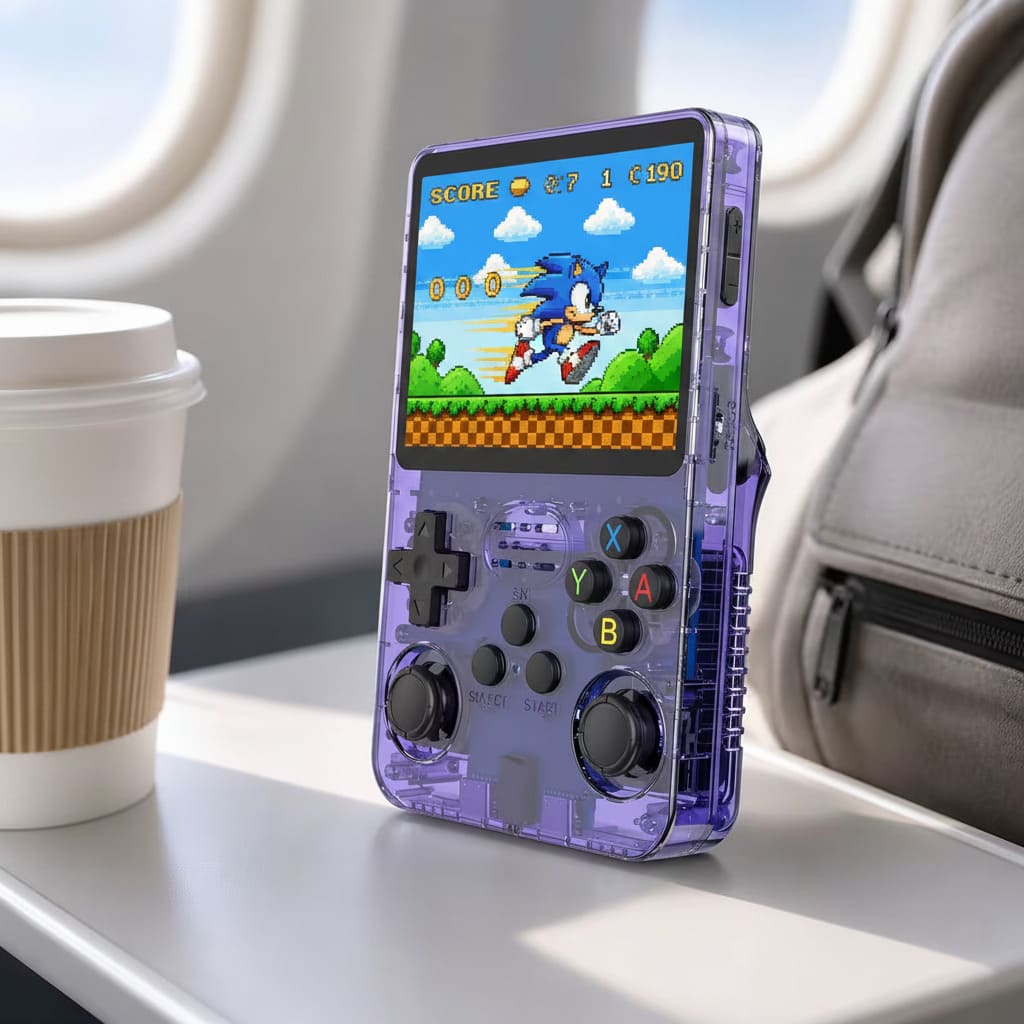 R36S Purple Console on Airplane — Sonic Green Hill Zone