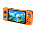 Orange NEWM41 handheld with an illustrated pixel-art platform scene